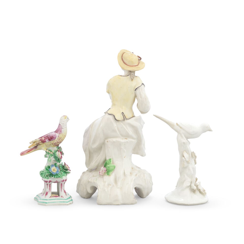 A Bow figure of a lady musician and two Bow models of birds, third quarter 18th century - 2