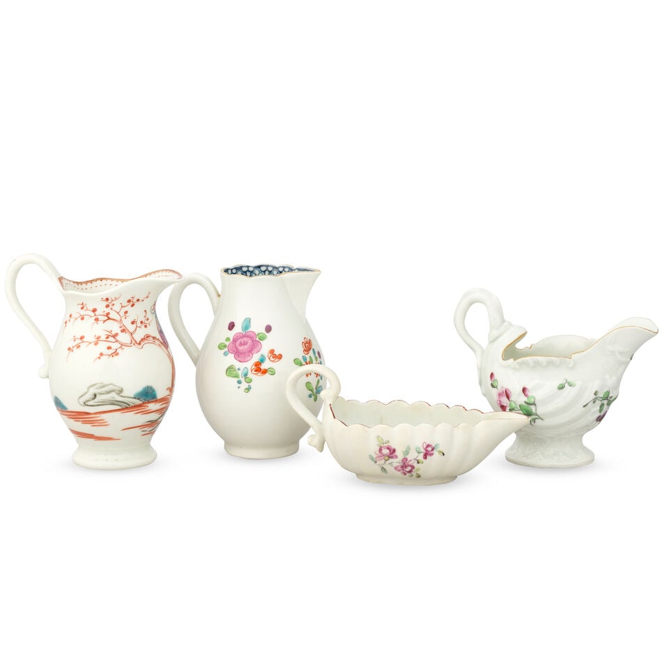 Two Worcester milk jugs, a creamboat and a Derby creamboat, circa 1760-80 (1 of 2)
