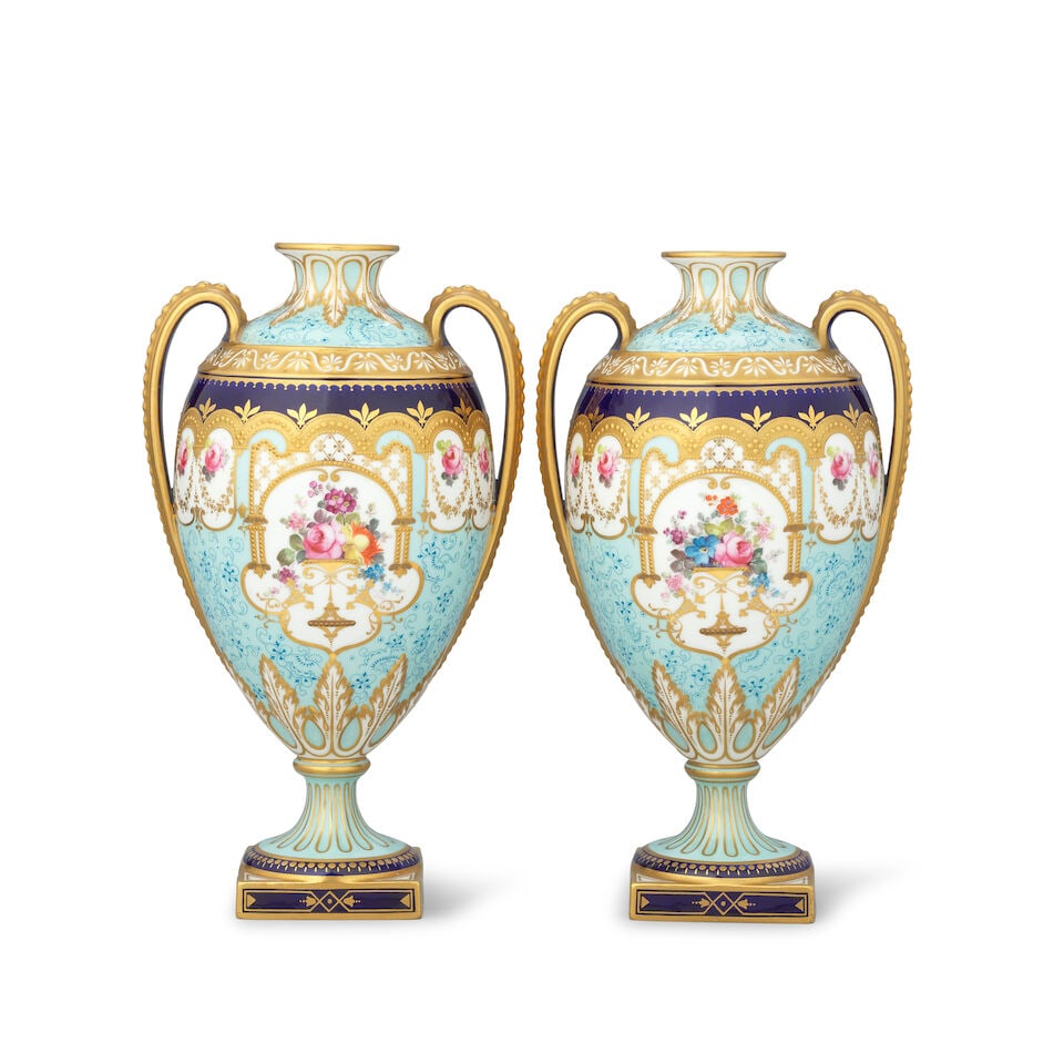 A pair of Royal Crown Derby vases by Cuthbert Gresley, dated 1904 - 2