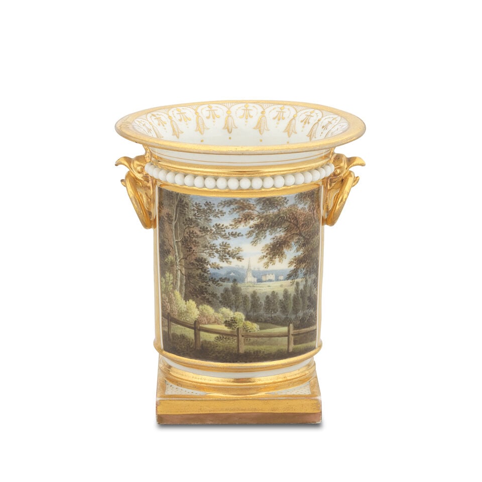 A fine Flight, Barr and Barr Worcester vase, circa 1820: A fine Flight, Barr and Barr Worcester vase, circa 1820 Of cylindrical form with a square plinth, the gilded eagle and ring handles linked by a band of white 'pearls', painted with a view of 'Olney