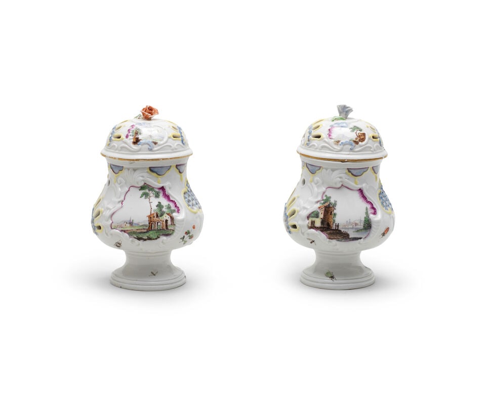 A rare pair of Höchst small potpourri vases and covers, circa 1755 (1 of 1)