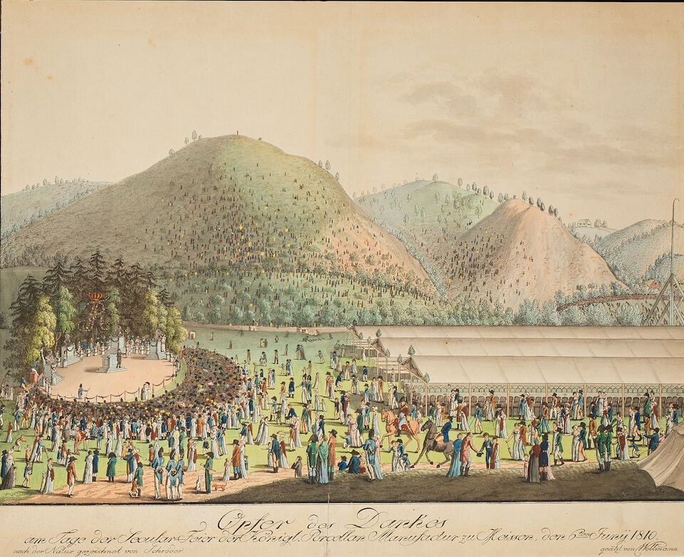 A Meissen commemorative cup and saucer with an associated cover, circa 1810 - 2