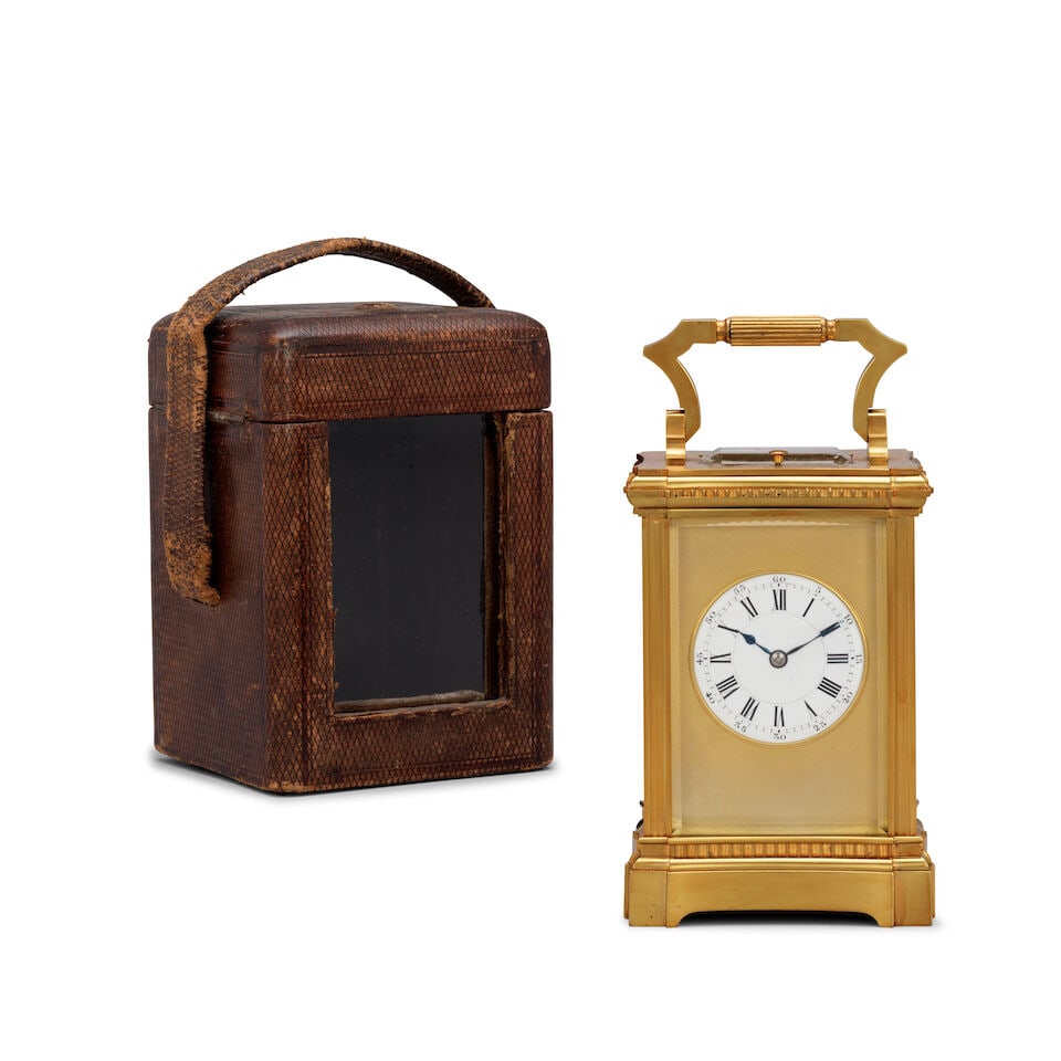 A good early 20th century striking and repeating carriage clock with original leather travel cas... - 2