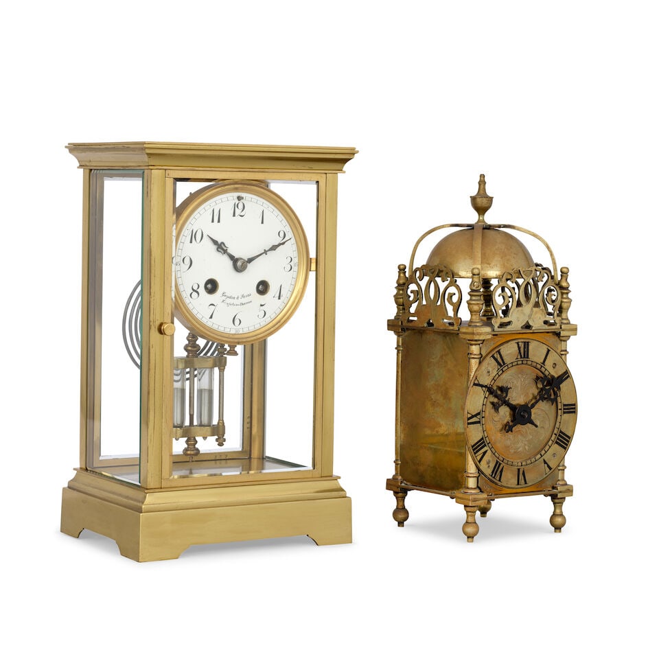 A early 20th century French four glass mantle clock and a first quarter of the 20th century bras... - 4