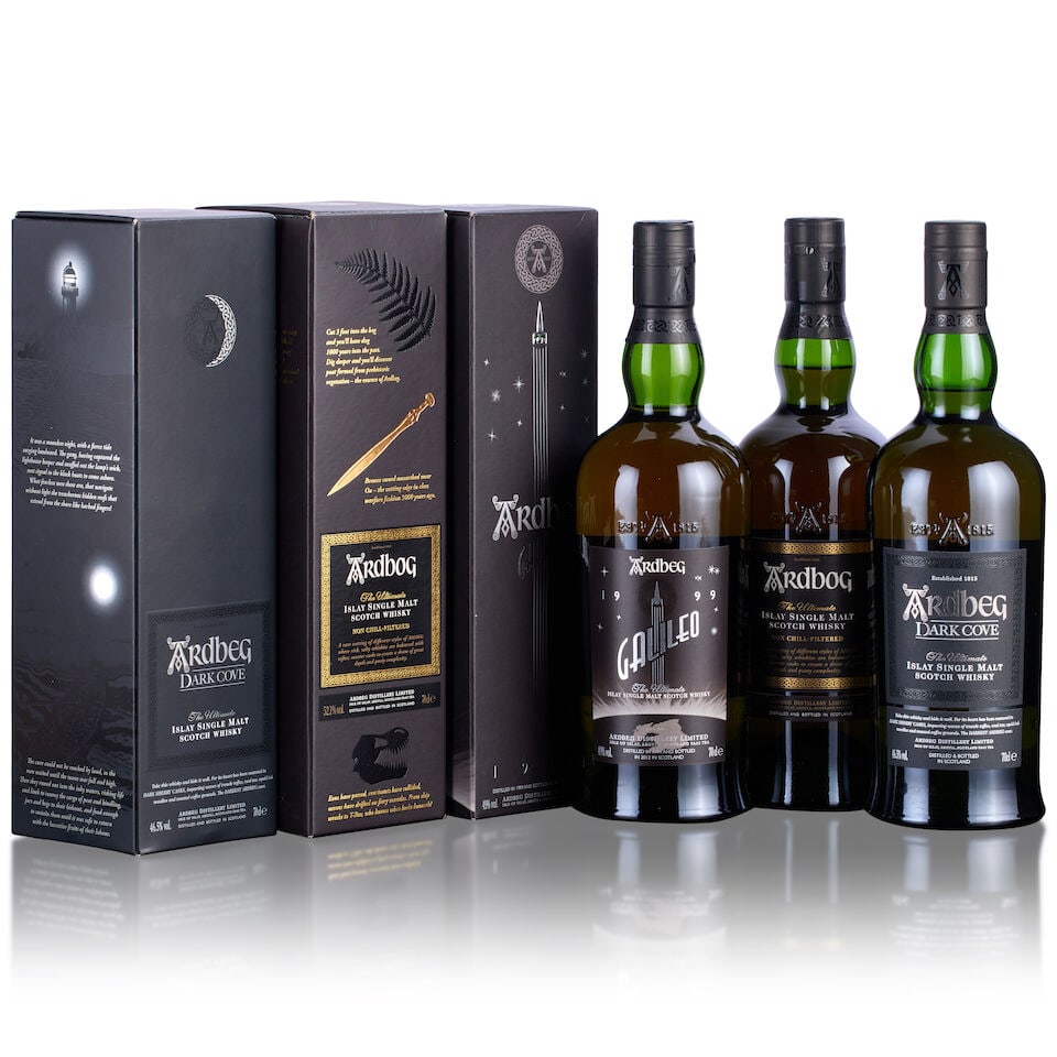 Ardbeg Galileo, 1999 (1x 70cl) Ardbeg Ardbog (1x 70cl) Ardbeg Dark Cove (1x 70cl) (1 of 2)