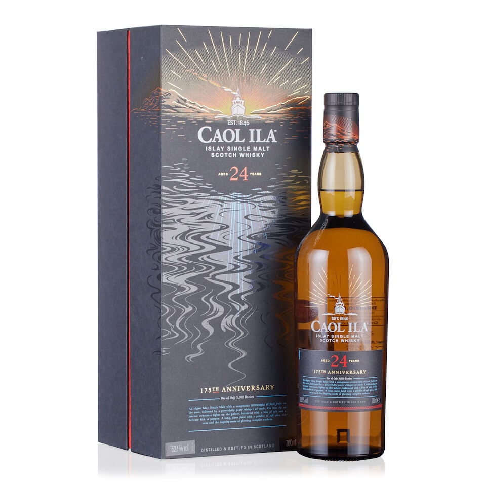 Caol Ila 24 Year Old, 175th Anniversary (1x 70cl): Caol Ila 24 Year Old, 175th Anniversary (1x 70cl) Region: Islay, single malt Fill Level: filled to 70cl Capsule: good condition Label: good labelling Packaging: in original presentation case Alcohol