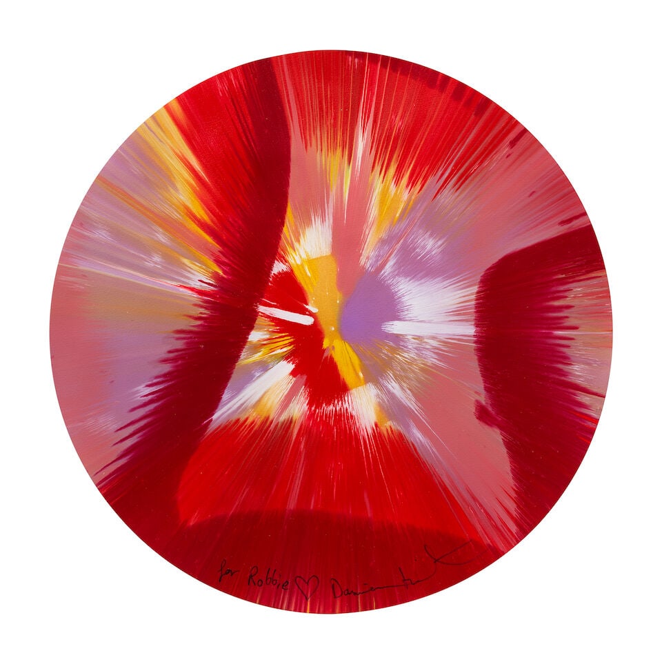 DAMIEN HIRST (B.1965) Spin for Robbie (Executed in 2010): DAMIEN HIRST (B.1965) Spin for Robbie signed and inscribed 'for Robbie Damien Hirst' (lower margin) acrylic on paper Diameter: 73cm (28 3/4in). Executed in 2010 Footnotes: Provenance Private Collectio