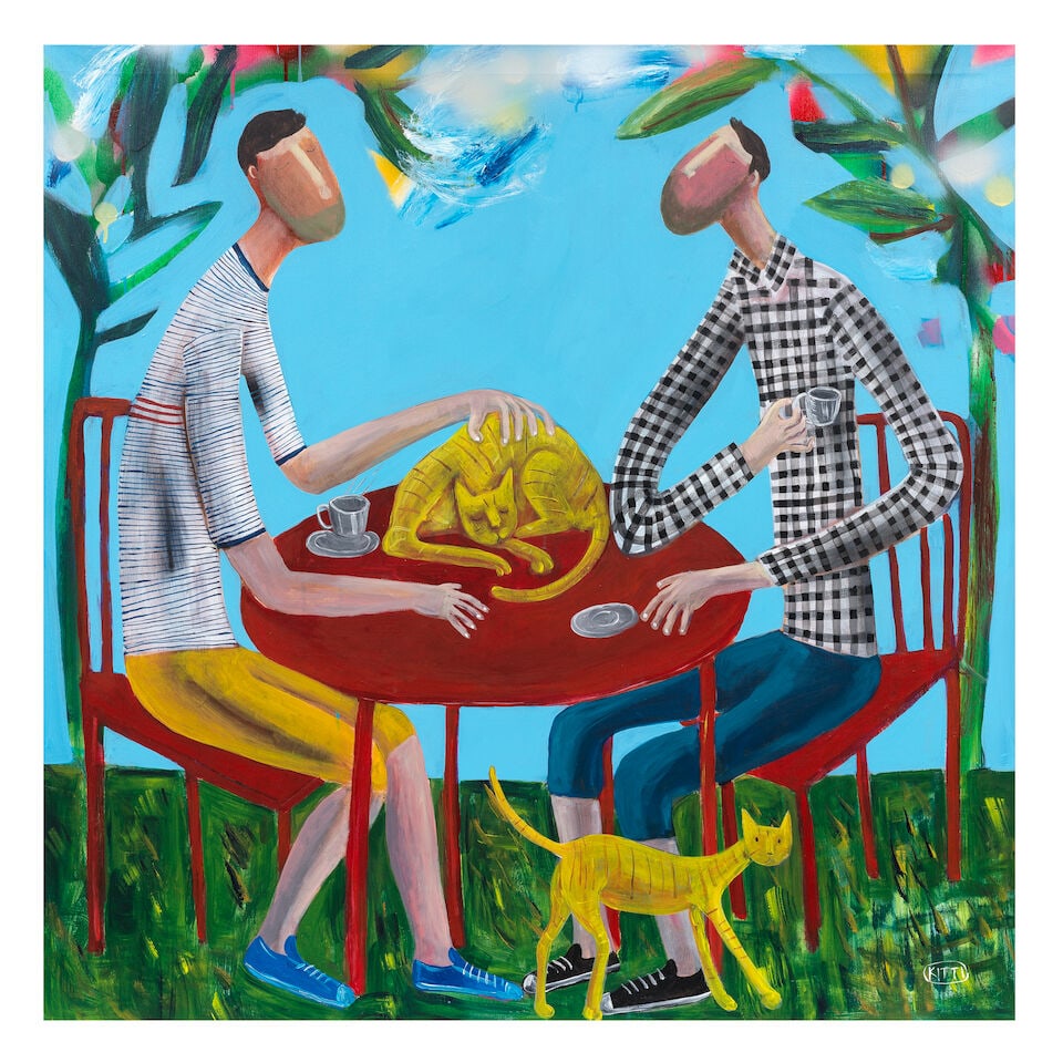 KITTI NAROD (B.1976) Coffee in Garden - Two Men (Painted in 2017) (1 of 2)