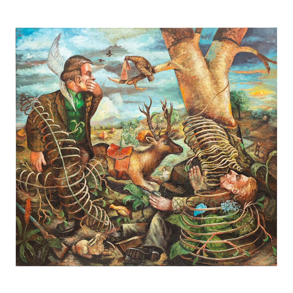 STEVEN CAMPBELL (1953-2007) Two Hunters Immobilized by an Excessive Use of Bark Camouflage (1 of 2)