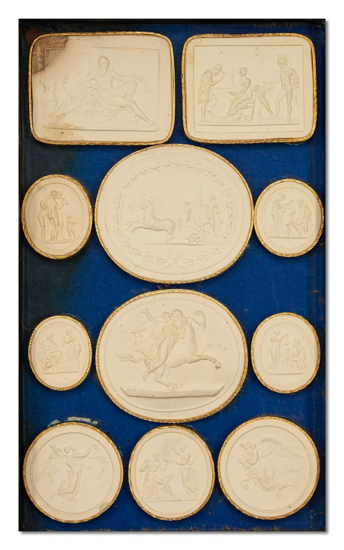 A set of eight 19th century Italian marbled paper and brown and red Moroccan leather bound faux ... - 14