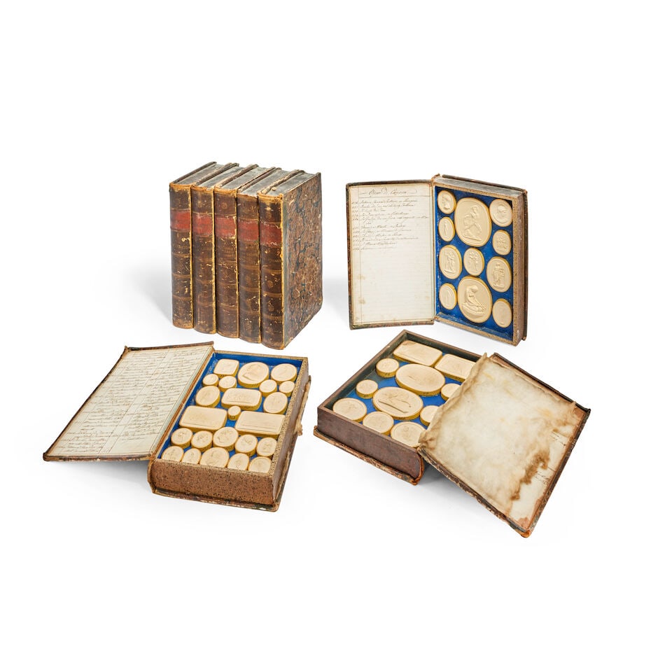 A set of eight 19th century Italian marbled paper and brown and red Moroccan leather bound faux ... (1 of 18)