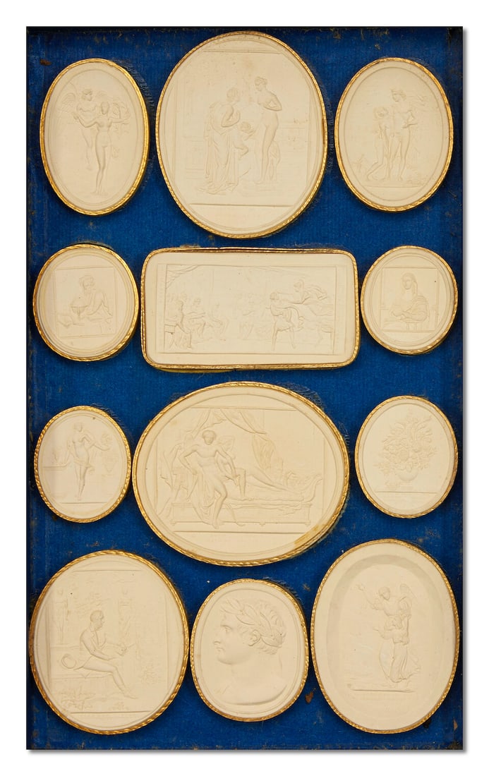 A set of eight 19th century Italian marbled paper and brown and red Moroccan leather bound faux ... - 4