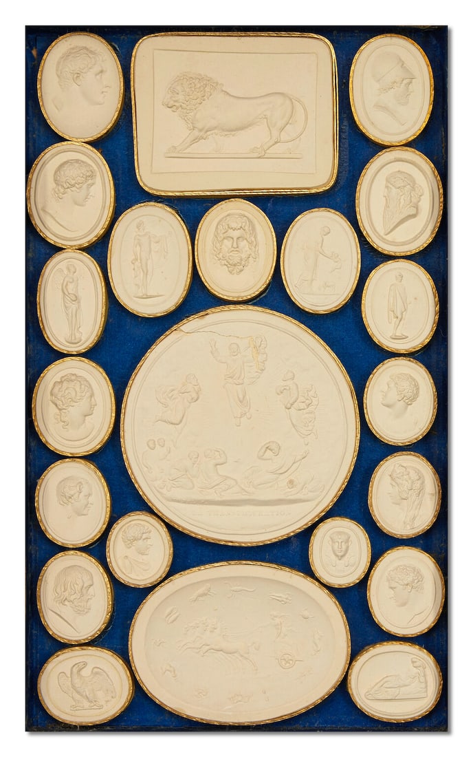 A set of eight 19th century Italian marbled paper and brown and red Moroccan leather bound faux ... - 5