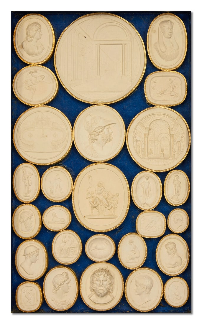 A set of eight 19th century Italian marbled paper and brown and red Moroccan leather bound faux ... - 6