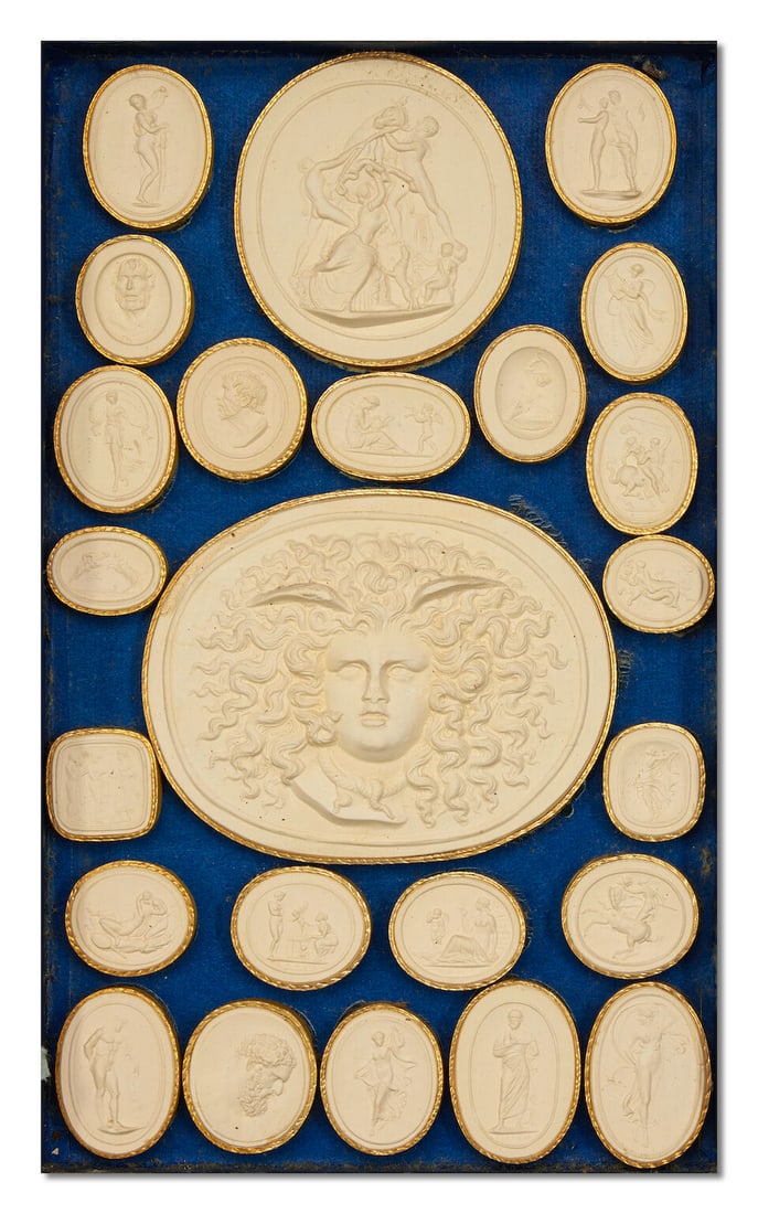 A set of eight 19th century Italian marbled paper and brown and red Moroccan leather bound faux ... - 8