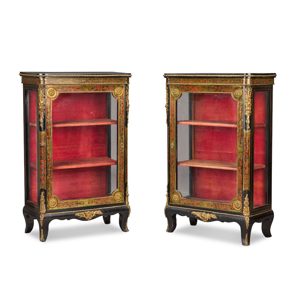 A pair of early Victorian ormolu mounted tortoiseshell and brass 'Boulle' marquetry ebonised pie... (1 of 4)