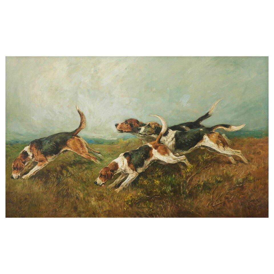 John Emms (British, 1843-1912) On the scent - Foxhounds Rover, Sailor and Worker (1 of 3)