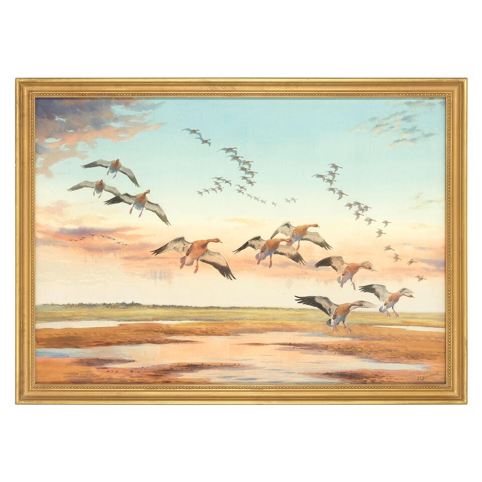 John Cyril Harrison (British, 1898-1985) Pink footed geese landing - 2