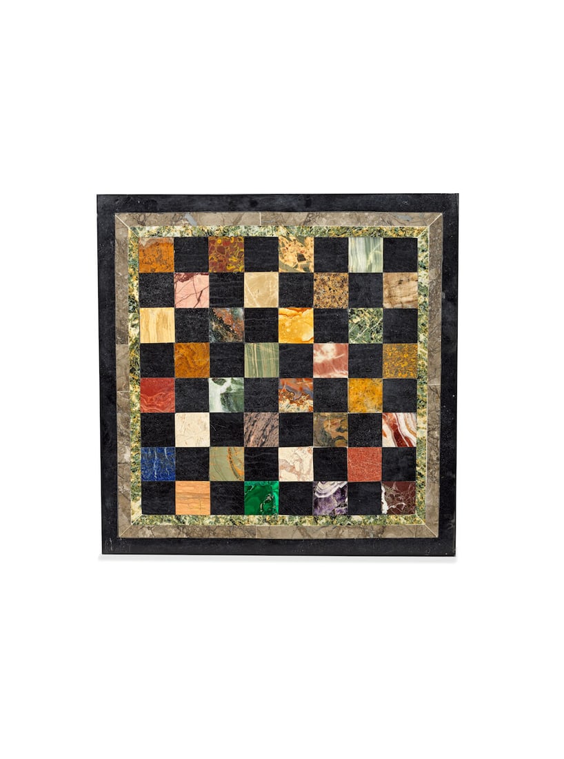 A specimen marble, hardstone and mineral games table top Fixed on an associated 19th century ros... - 2