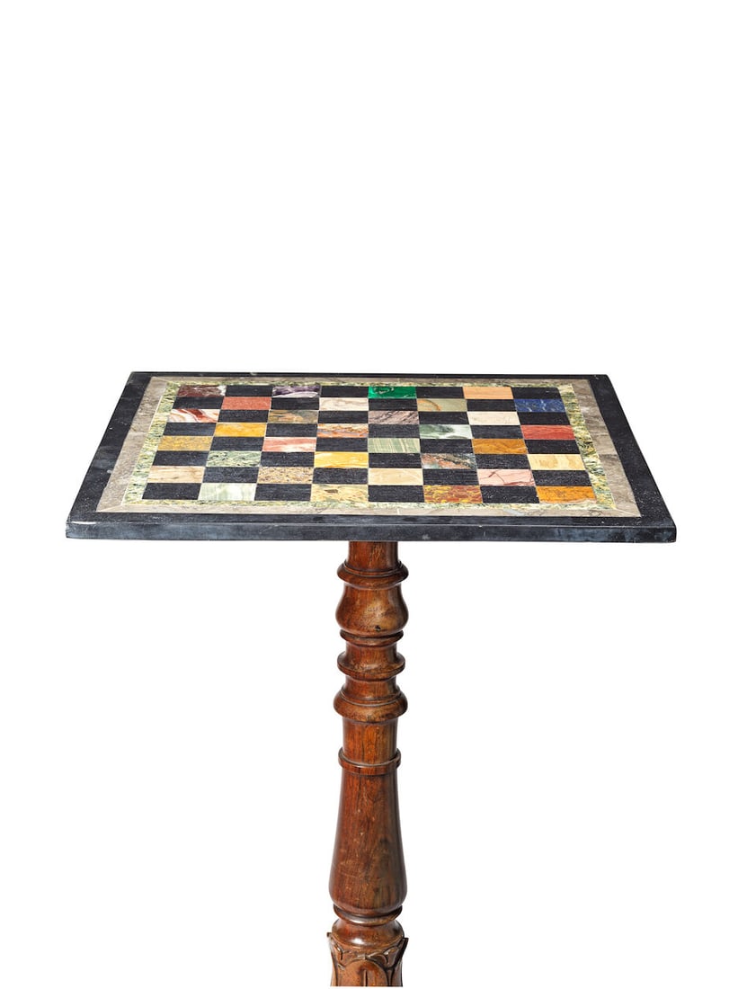 A specimen marble, hardstone and mineral games table top Fixed on an associated 19th century ros... - 3