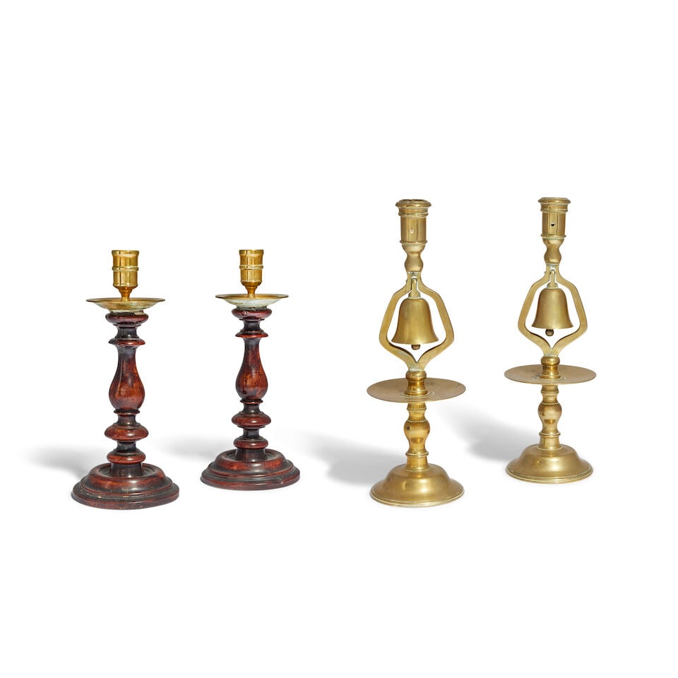 A pair of brass bell candlesticks together with a pair of turned wood and brass candlesticks Pro... (1 of 1)