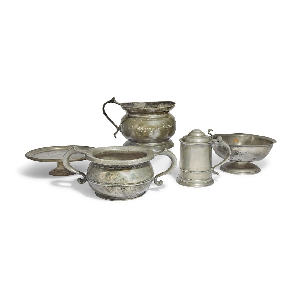 A collection of three pewter vessels, a footed dish or tazza and a tankard Probably late 17th/ea... (1 of 1)
