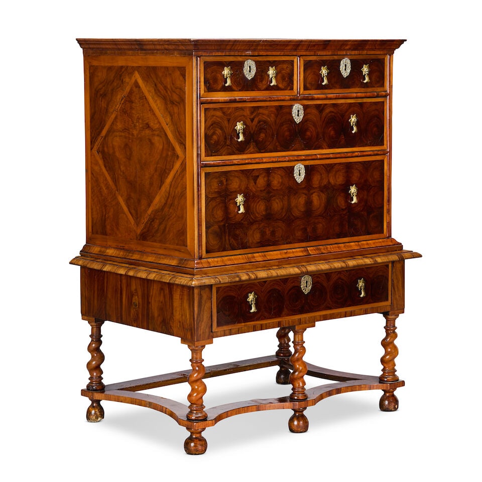 A William and Mary walnut, oyster veneered and fruitwood banded chest on stand C.1690-1700, some... - 4