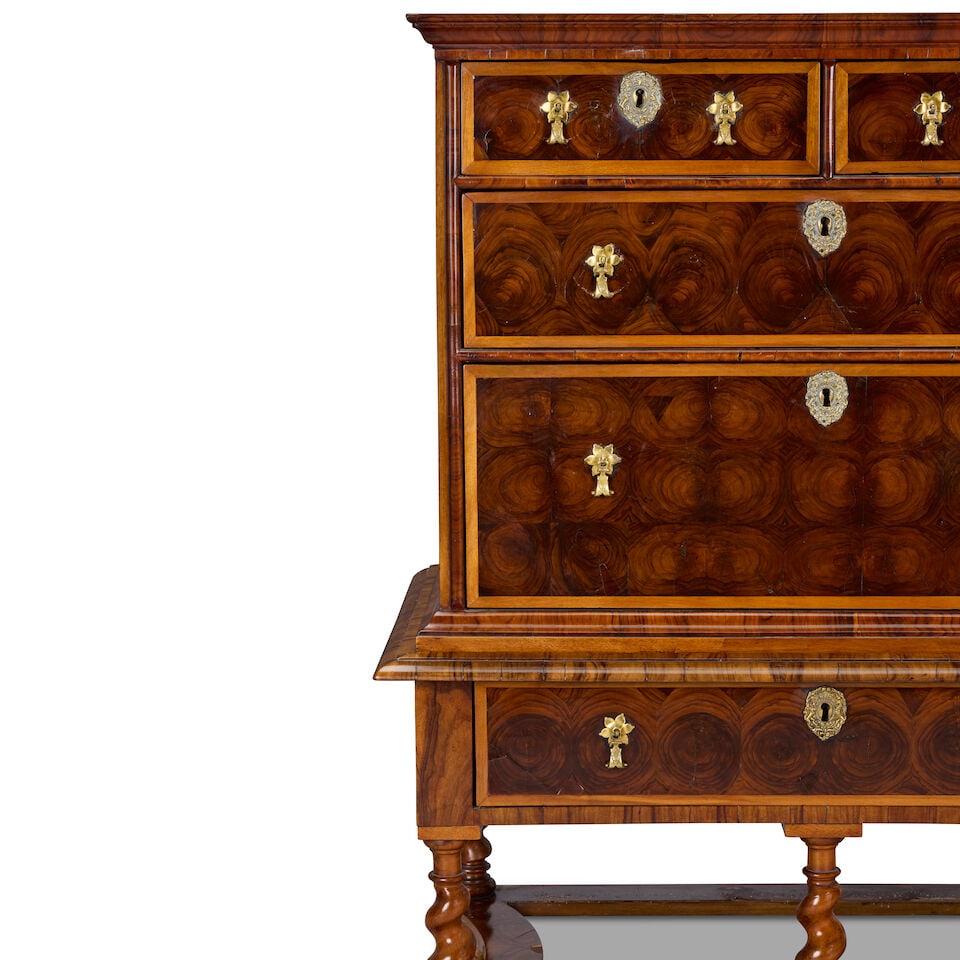 A William and Mary walnut, oyster veneered and fruitwood banded chest on stand C.1690-1700, some... - 5