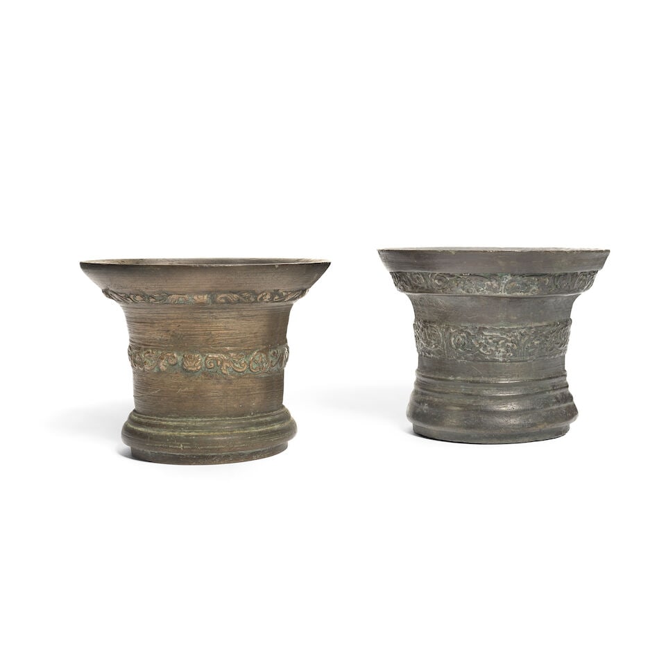 Two cast bronze mortars with foliate banded decoration Probably late 17th century, English or F... (1 of 1)