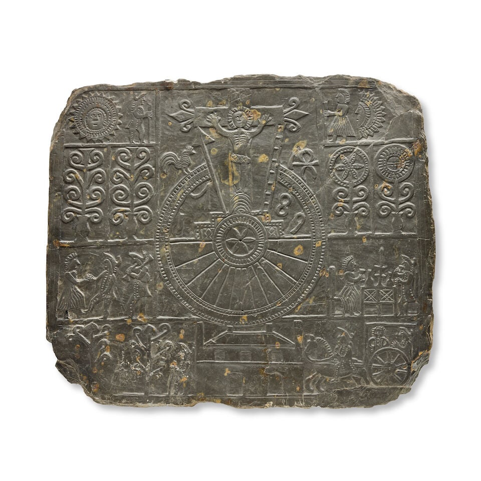 An unusual Continental folk art carved slate tablet dated 1789 depicting the crucifixion and var... (1 of 1)