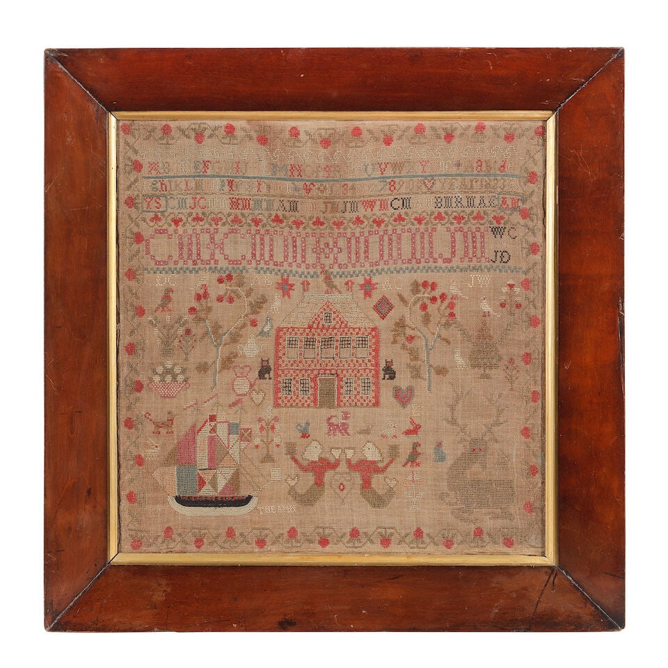 A group of samplers 19th century 45.9cm x 34.4cm overall, 58.2cm square overall, 49.3cm x 38cm o... (1 of 3)