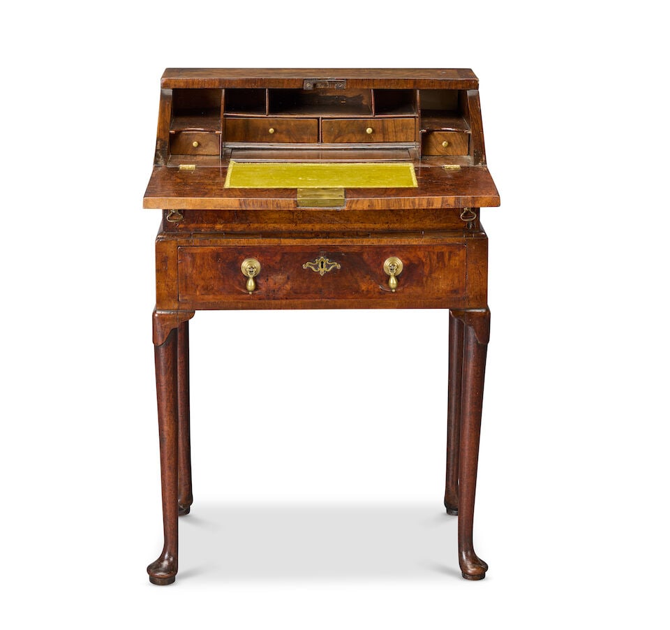 A small walnut and featherbanded bureau on stand Apparently largely George I period (1710-1725),... - 4