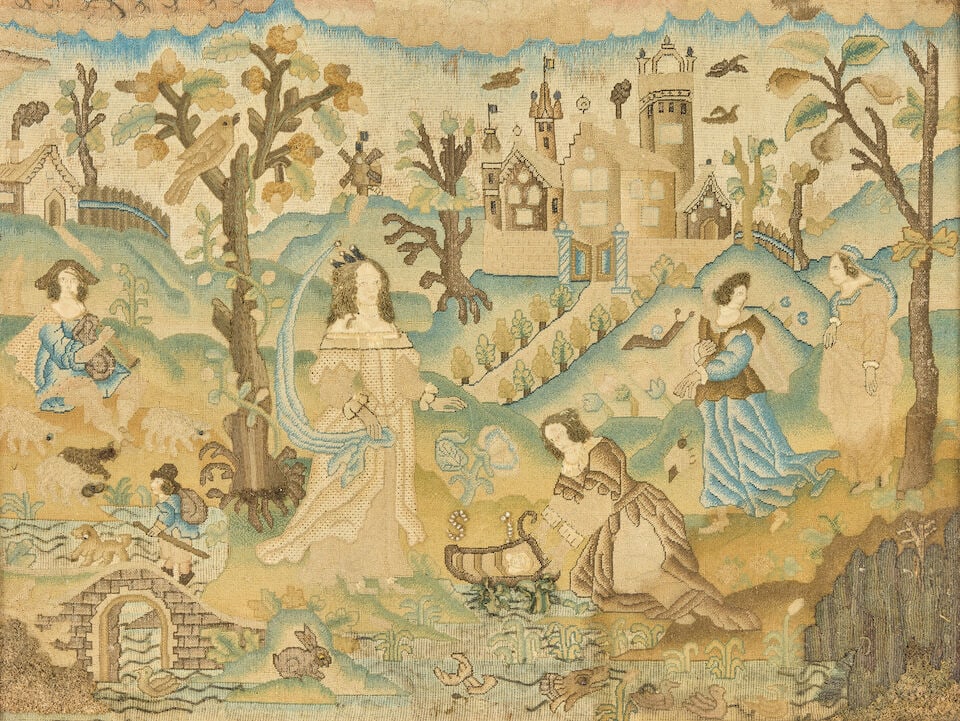 A framed stumpwork panel 18th century - 3