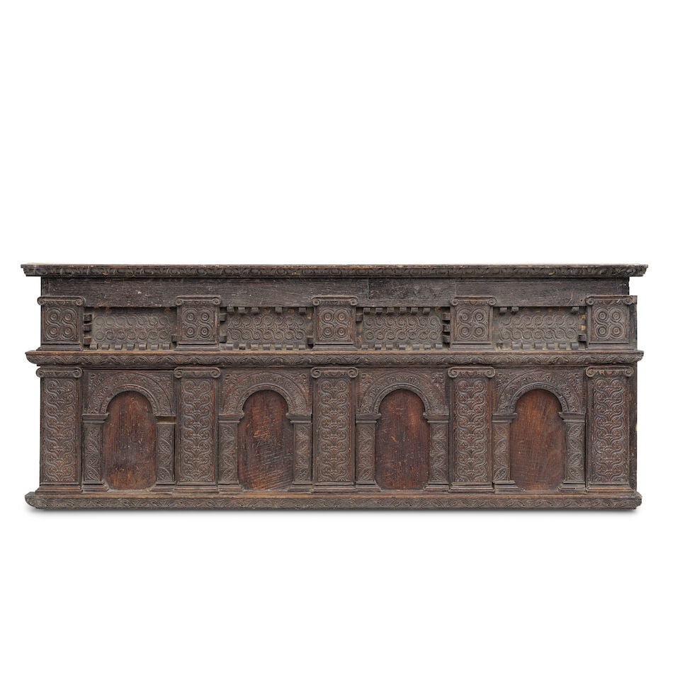 A 17th-century English carved oak overmantel panel and another Possibly originally from a coffer... - 2