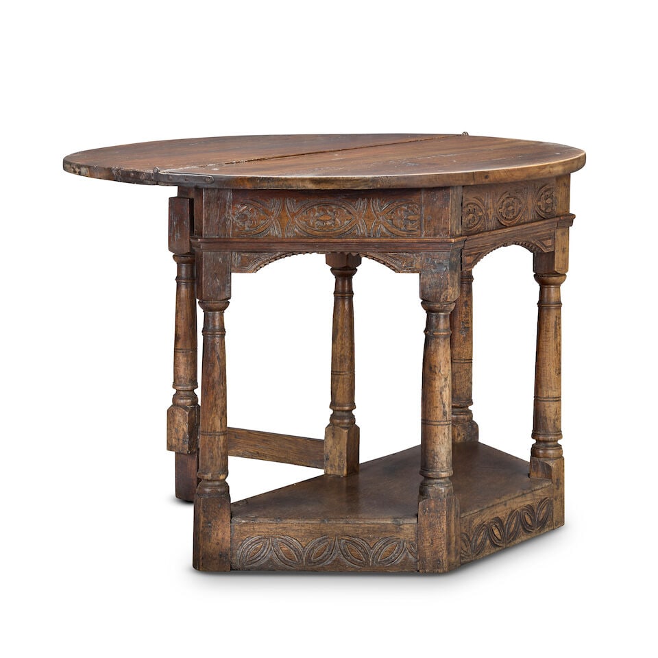 An oak and walnut demi-lune credence table Some elements 17th century, but largely of a later date - 2