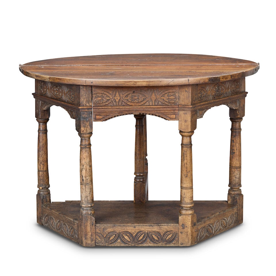 An oak and walnut demi-lune credence table Some elements 17th century, but largely of a later date - 3