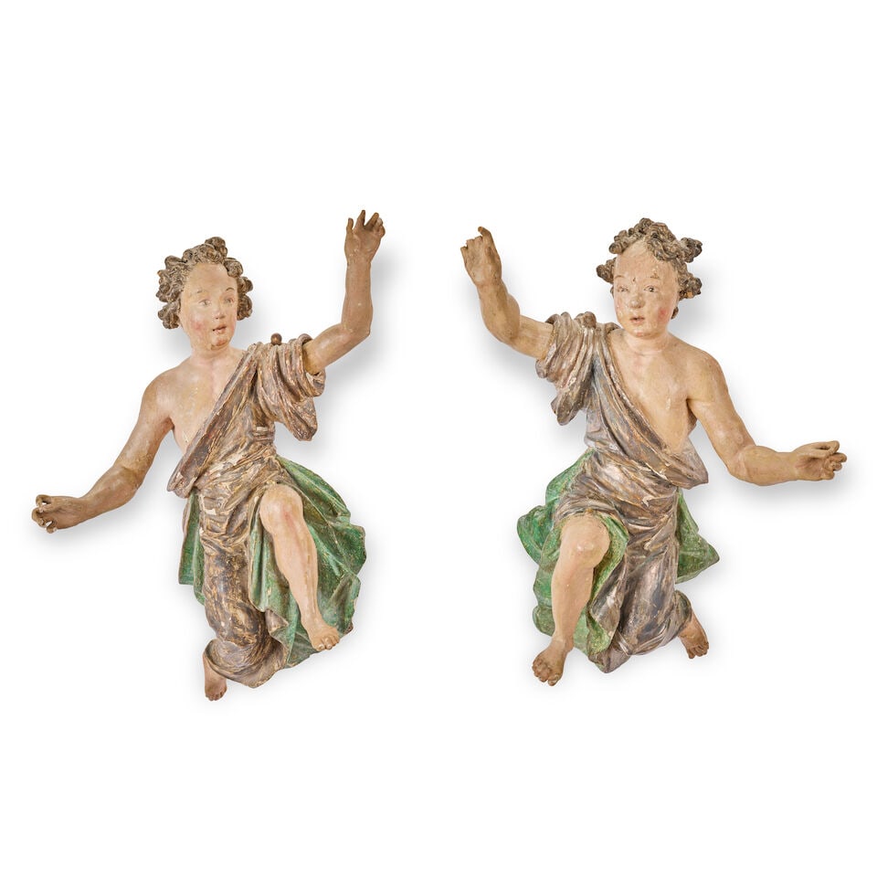 A pair of Continental carved and polychrome decorated figures of flying angels Probably South G... (1 of 7)