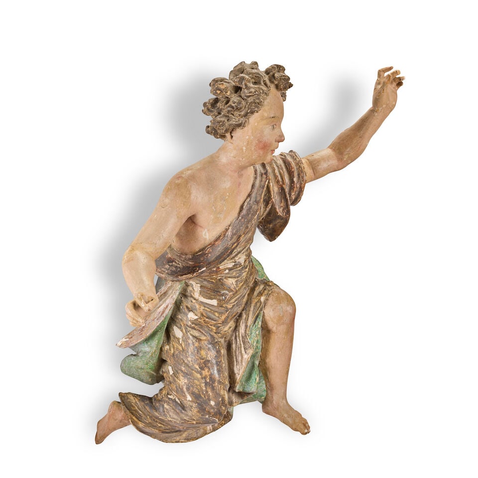 A pair of Continental carved and polychrome decorated figures of flying angels Probably South G... - 2