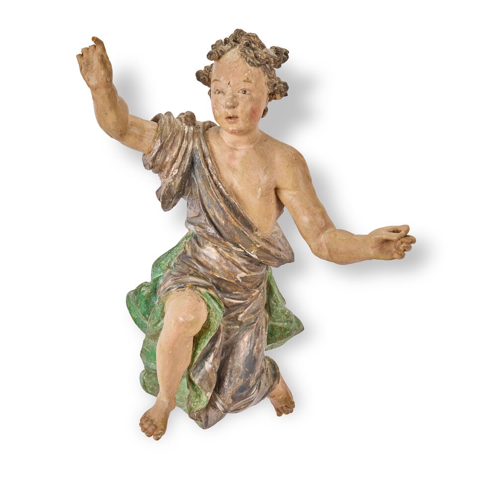 A pair of Continental carved and polychrome decorated figures of flying angels Probably South G... - 7