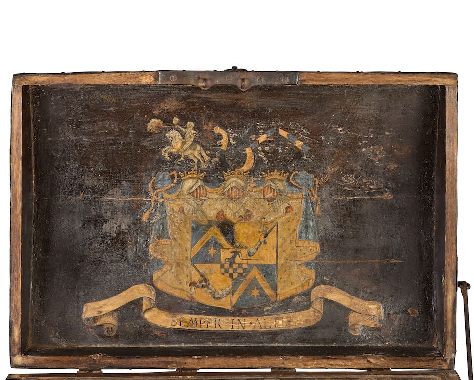 A late 17th-century Russian iron-bound and leather-clad oak chest Vologda Oblast, circa 1680 - 4