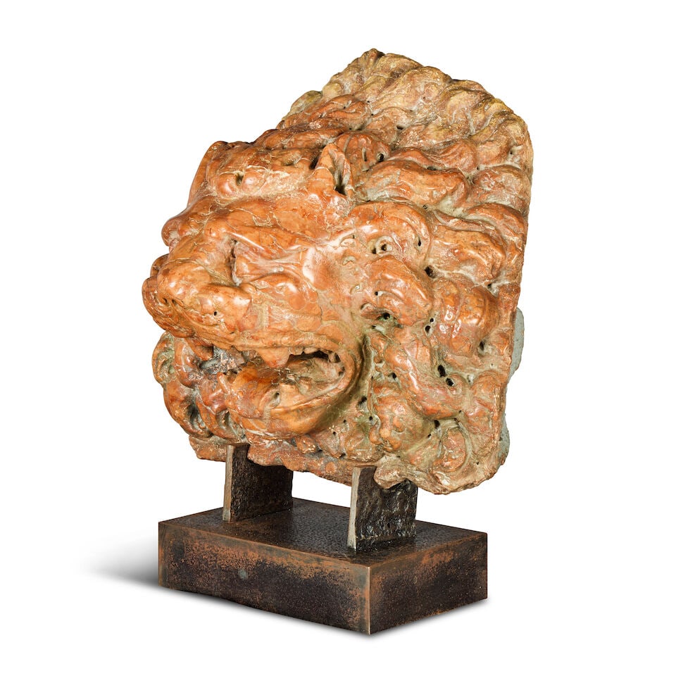 An Italian carved Verona or Rosso di Asiago marble lion mask Probably originally a wall mounted ... - 2