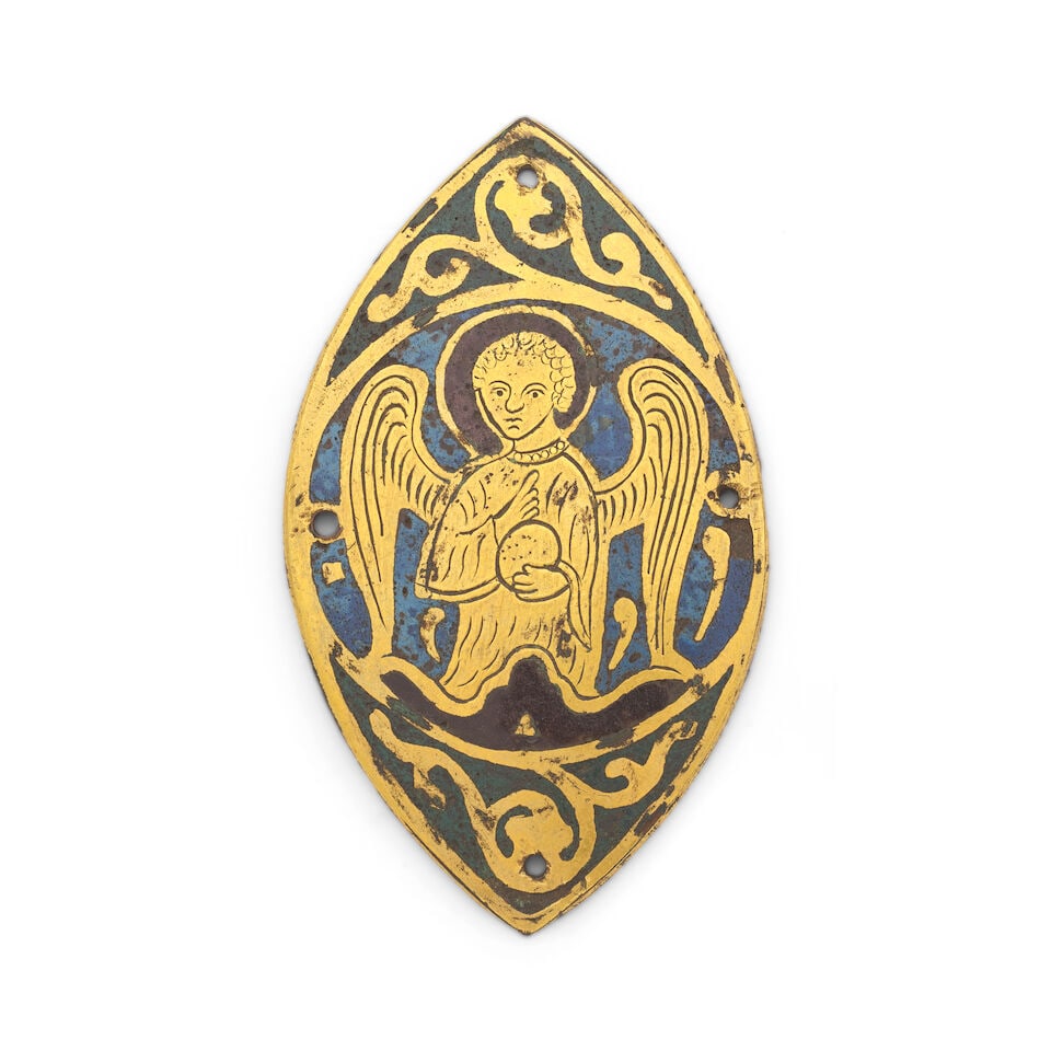 A French gilt copper and champleve enamel oval plaque of the angel Limoges, 19th century: A French gilt copper and champleve enamel oval plaque of the angel Limoges, 19th century Depicted with wings outstretched, his right hand point to his heart, his left hand possibly holding a large