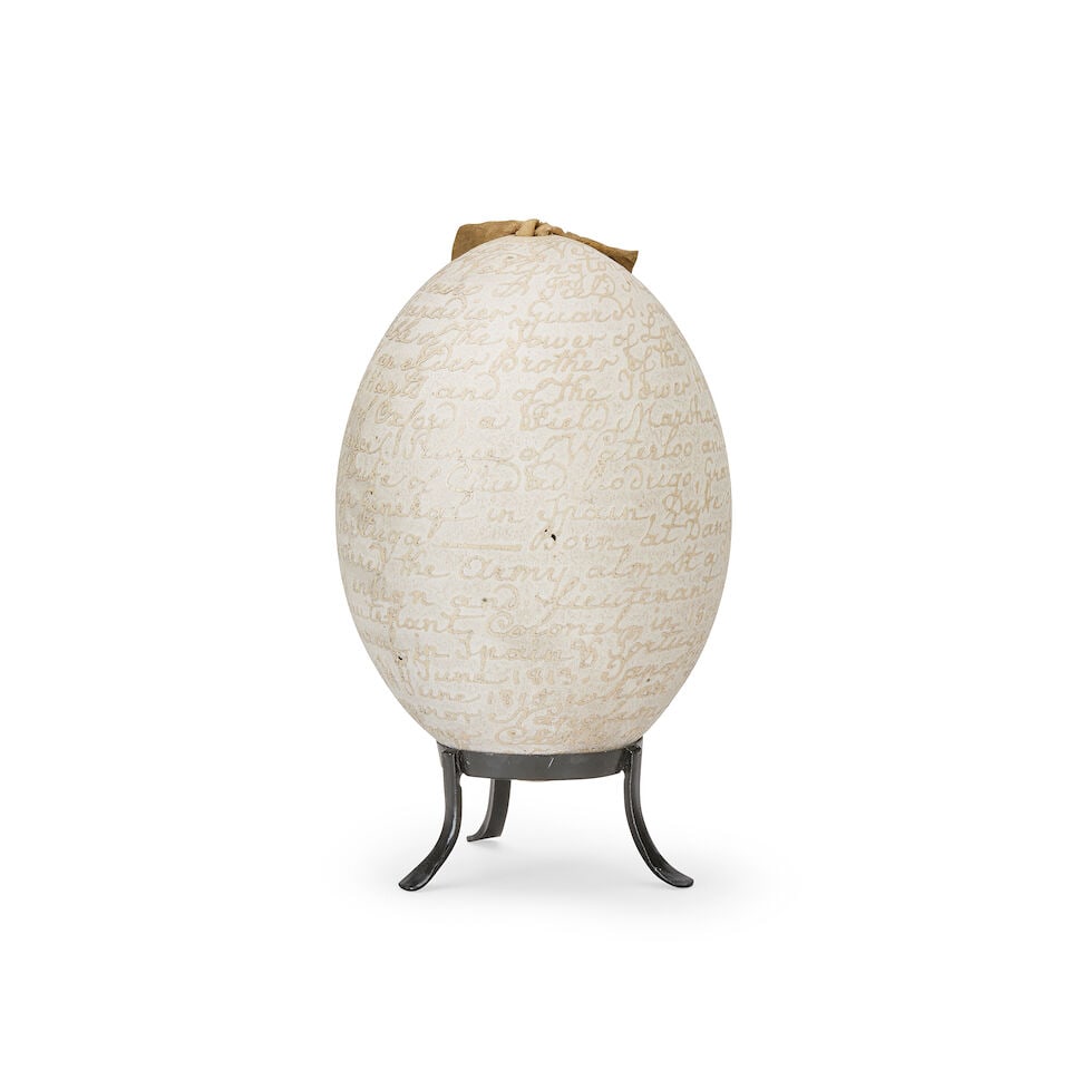 OF DUKE OF WELLINGTON INTEREST: A rare 19th century carved rhea egg inscribed with the biography... - 3