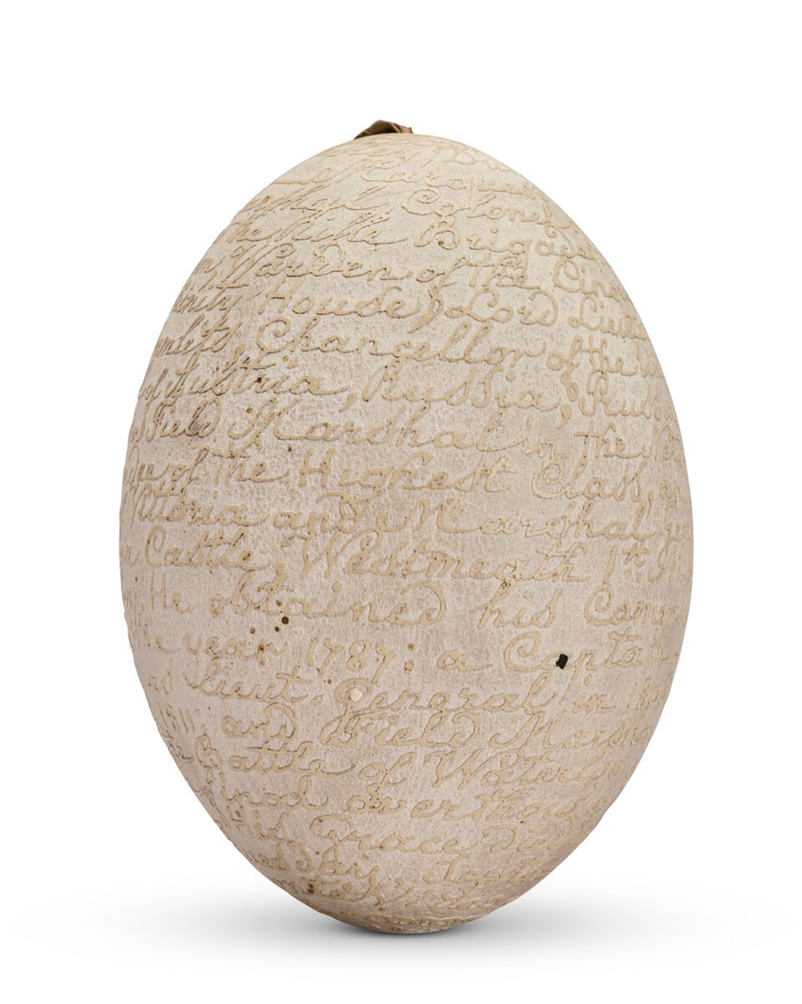 OF DUKE OF WELLINGTON INTEREST: A rare 19th century carved rhea egg inscribed with the biography... - 5