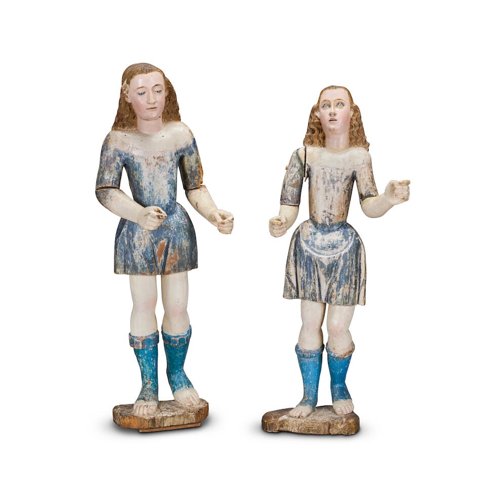 Two similar Continental carved and polychrome wood decorated processional figures Southern Euro...: Two similar Continental carved and polychrome wood decorated processional figures Southern European, probably Spanish, late 18th/early 19th century Both formed as standing figures of saints with long