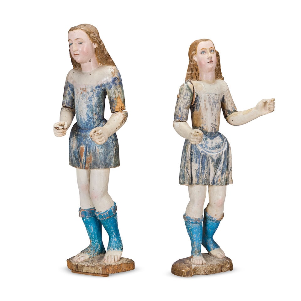 Two similar Continental carved and polychrome wood decorated processional figures Southern Euro... - 3