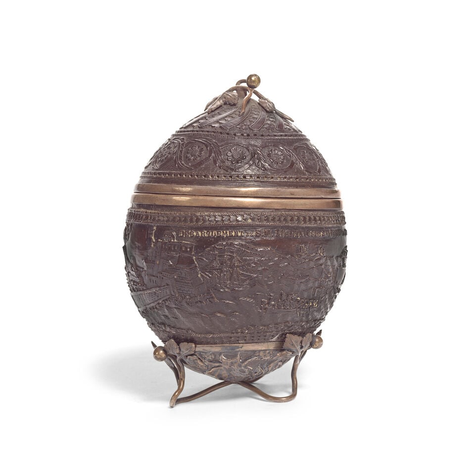OF NAPOLEONIC INTEREST: A rare early French 19th century white metal mounted coconut cup and cov... (1 of 5)