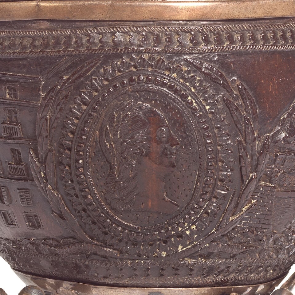 OF NAPOLEONIC INTEREST: A rare early French 19th century white metal mounted coconut cup and cov... - 4