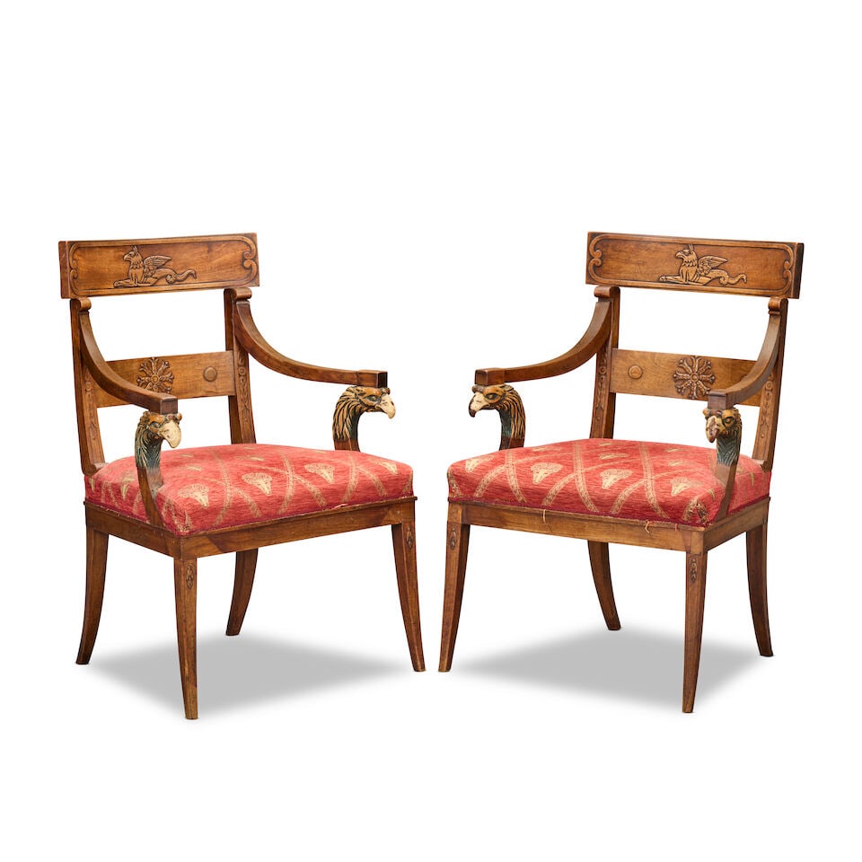 A pair of North European first half 19th century mahogany and parcel painted open armchairs 1815... (1 of 3)