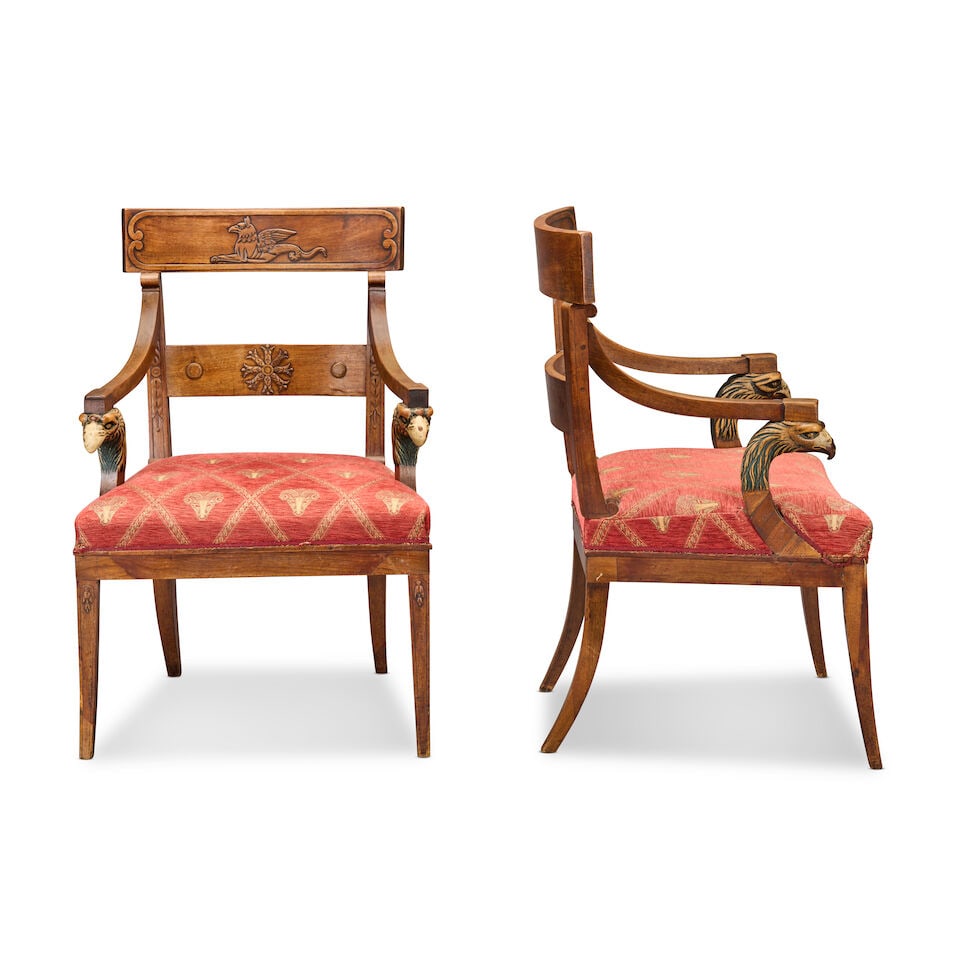 A pair of North European first half 19th century mahogany and parcel painted open armchairs 1815... - 2